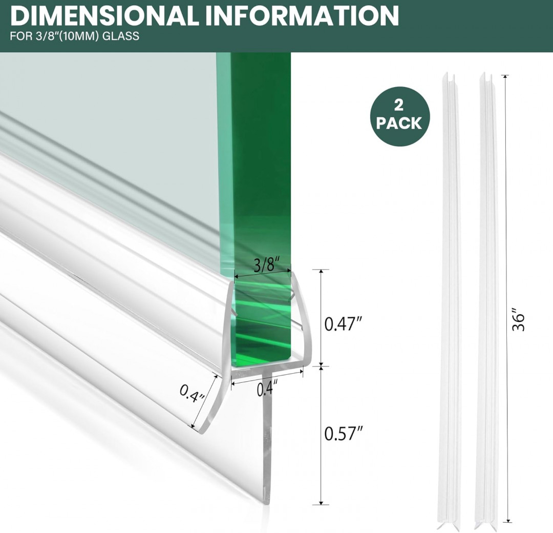2PK waterproof & durable Bathroom Shower Door Seal Strip - for 3/8" glass - 36" / each - clear (Model: XJ3-6) image 2