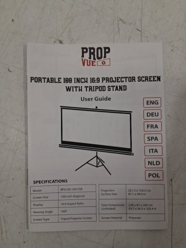 PROPVUE 100" PROJECTOR SCREEN, with ADJUSTABLE TRIPOD STAND - 16:9 RATIO - BLACK (MODEL: BPS100-169-TSB) image 3