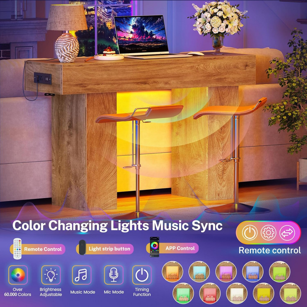 teenfon thickened wooden console table with charging station and led lights - 47" x 14" x 33" - natural oak - (model: nxgz008ndn-dx) image 4