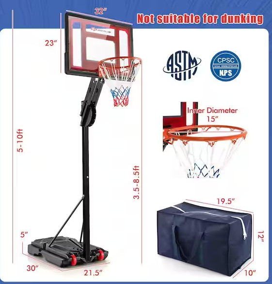adjustable basketball hoop  - 5ft-10ft - black/red/blue (model: sp37908) image 2