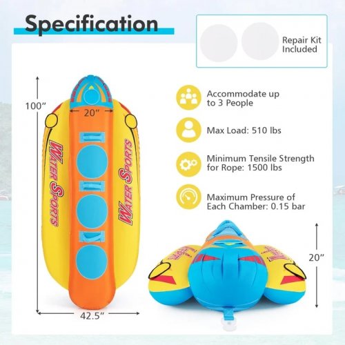 Goplus Inflatable Towable Hot Dog for Boating - 3 Person - 100" x 42.5" - Blue/Orange (Model: NP11601) image 2