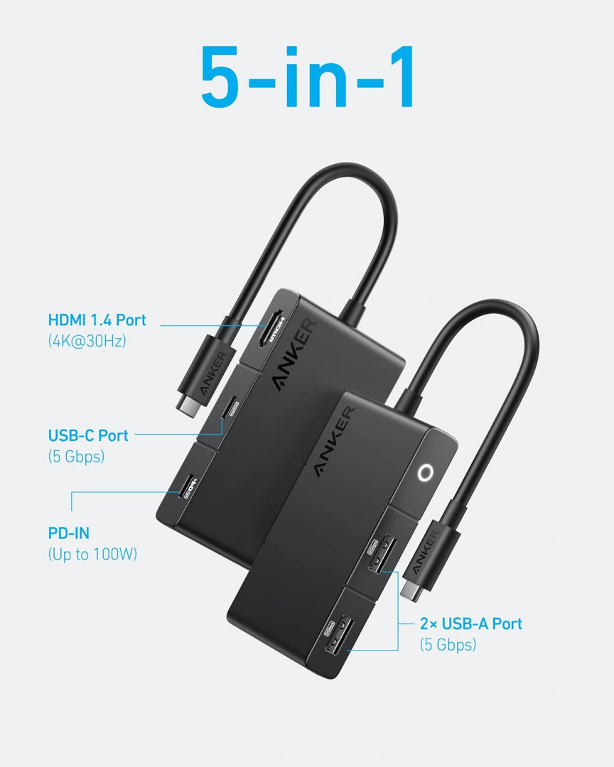 Anker 5-in-1 Compact and easy-to-use usb-c hub for 4k hdmi - 5Gbps/85W - black (model: A8356h11-1) image 2