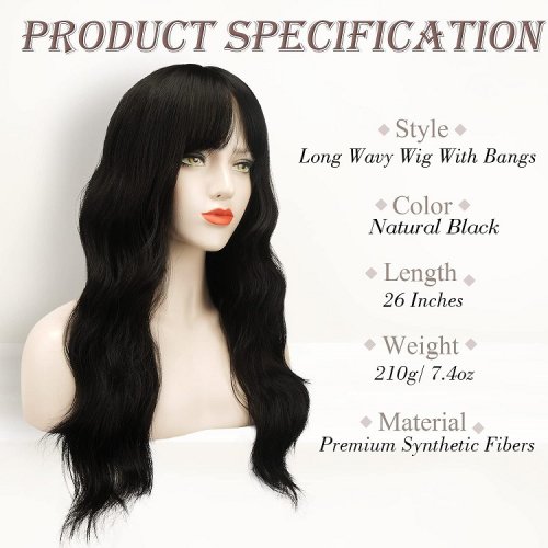 Barsdar long black wig with bangs and cap - 26" - natural black image 2