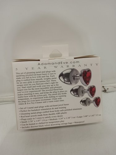 3PC Adam & Eve Anal Plug Set with Heart Gem Base - Small / Medium / Large - silver / red image 3