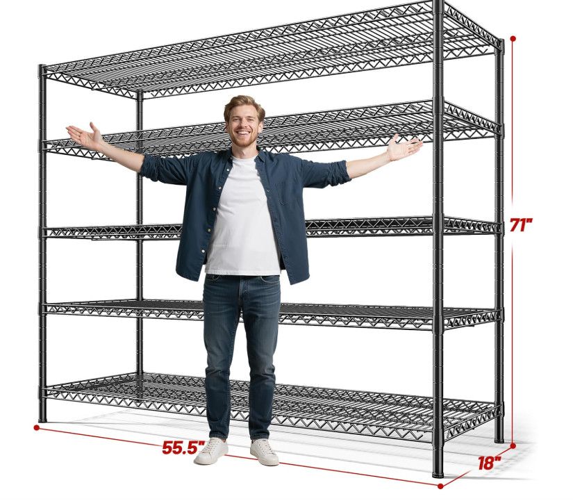REIBII Heavy Duty 5 Tier Adjustable Storage Shelves Metal Wire Unit for Garage - 3200LBS CAPACITY - 55.5" x 18" x 71" - black (model:RBBT140W5LM) image 2