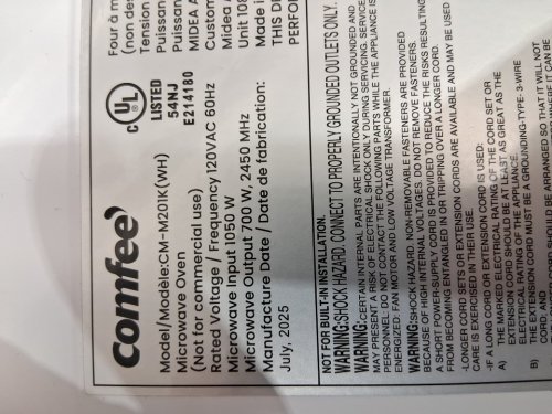 COMFEE COUNTERTOP MICROWAVE OVEN - 0.7 CU.FT/700W - WHITE (MODEL: CM-M201K(WH)) image 10
