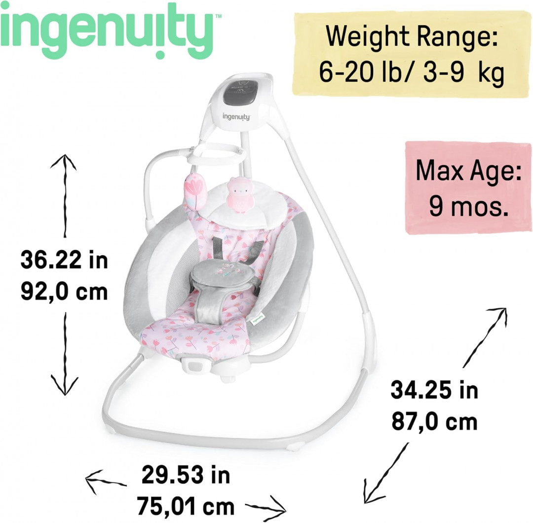 INGENUITY SIMPLECOMFORT compact washable CRADLING PLUG-IN SWING WITH SOOTHING VIBRATIONS, white noise & music - CASSIDY Pink (MODEL: 11624) image 2