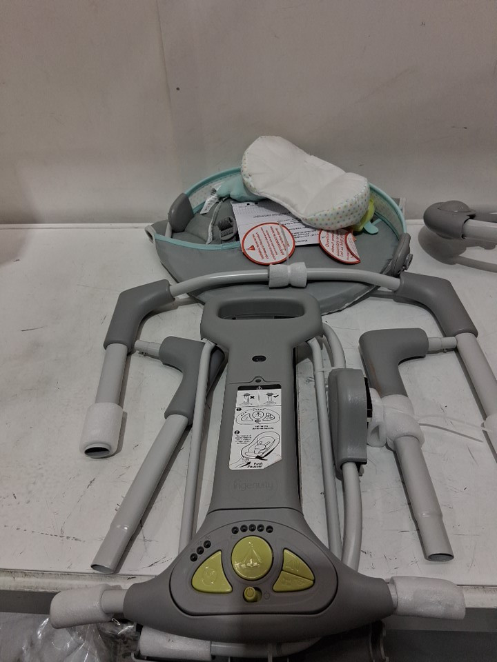 INGENUITY BRIGHT STARTS  *battery operated* SWING 'N GO SWING WITH MULTIPLE SOUNDS/SWING SETTINGS, 20LBS CAPACITY  - HUGS & HOOTS - GREY/TEAL/WHITE (MODEL: 10247-ES) image 3