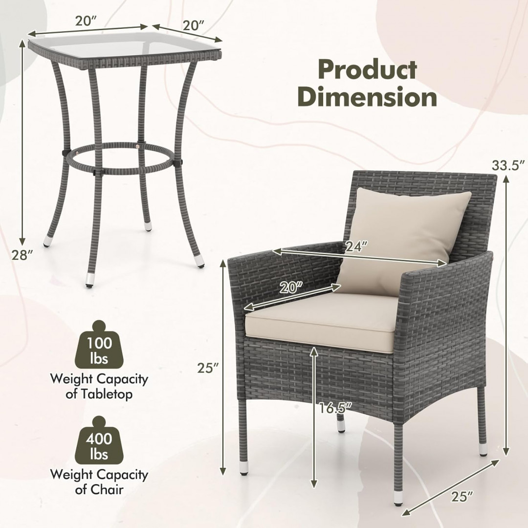 3PC DORTALA Wicker Patio Furniture Set with cushions - 25" x 24" x 33.5"/20" x 20" x 28" - mix grey (model: hw76012wh) image 2