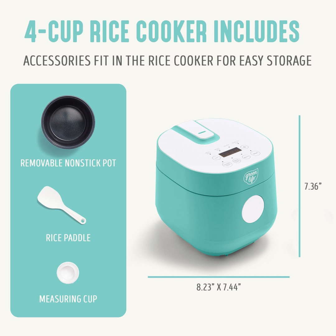 GREEN LIFE ceramic nonstick RICE COOKER - TEAL - 4 CUPS image 2