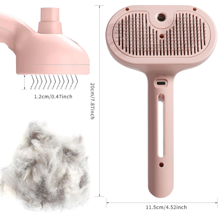 3-in-1 One-Click Release Hair Removal Comb Steam Brush for Cats & Dogs – pink image 2