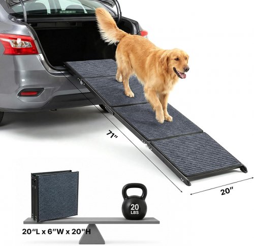 veehoo extra wide folding non slip rug surface dog ramp - 71" x 20" - black/grey (model: CWPT2606CP) image 2