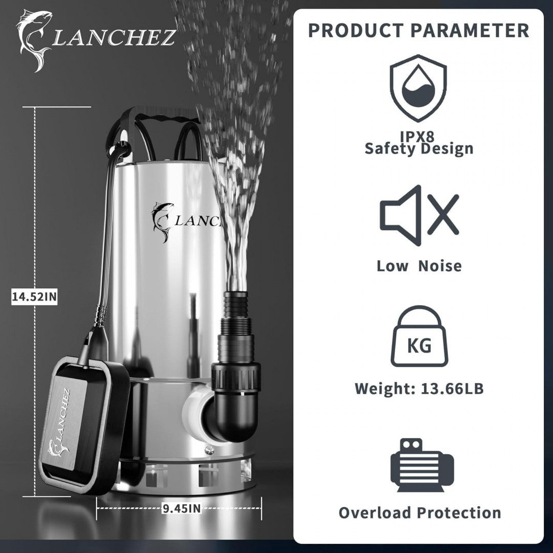 lanchez 1.6hp stainless steel sump pump - 115v - 1100w - 5500gph - silver/black (model: q1100b56-l) image 2