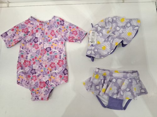 3 assorted baby SWIM PIECES - ONE PIECE, HAT, BOTTOMS - 12M/18m - PURPLE/PINK image 2