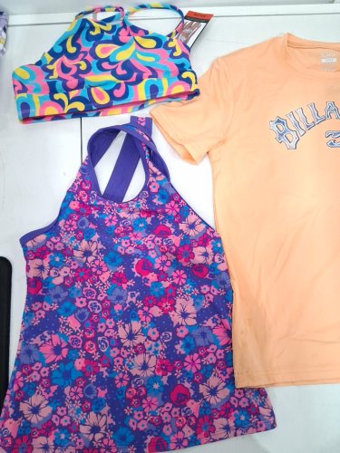 5 ASSORTED GIRL'S CLOTHES - 2 SWIM TOPS, 1 SHIRT, 1 TANK TOP, 1 SHORTS - MEDIUM (7/8) - PINK/PURPLE/ORANGE/BLACK image 2