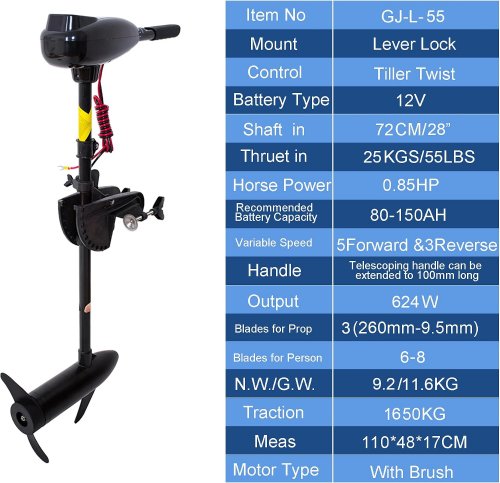 Soerreo 8 Speed Electric Trolling Outboard Boat Motor - 55LBS Thrust - 12V -  Black image 2