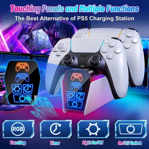 Fenolical PS5 Charger Station for Dualsense and Edge controllers with RGB and timer - White (Model: B4MT) image 3