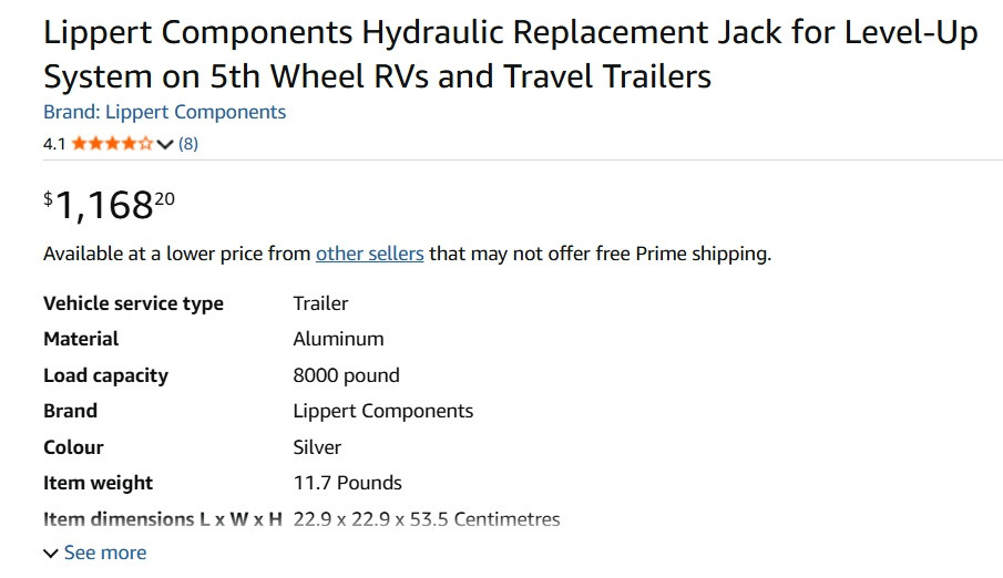 Lippert Components Hydraulic Replacement Jack for Level-Up System on 5th Wheel RVs and Travel Trailers - 8000lbs cap - Silver image 2