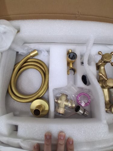 neierthodore wall mounted double cross handle shower faucet system with hand sprayer - 8" x 53.1" - antique brass (model: ‎FQT2-10) image 9