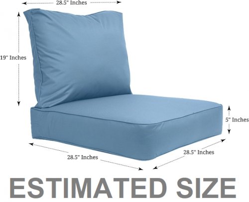 2pc outdoor patio seat cushion set - approximate size lg cushion 28.5" x 28.5" x 5" sml cushion 19" x 28.5" - sky blue image 2