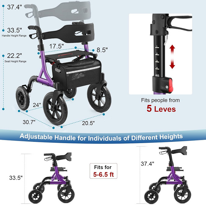 MAXWALK foldable all terrain rollator Walker with seat for seniors - 8" Big Rubber Wheels - red/black - (model: ‎MW2404) image 2