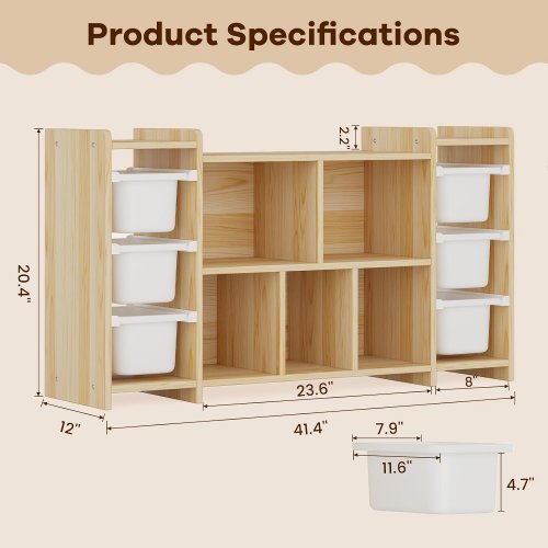 Pipleo Kids Montessori Shelf with Removable Bins - 20.4" x 41.4" - Brown image 2