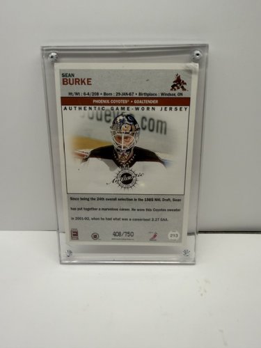 2004 EXHIBIT AUTHENTIC GAME WORN JERSEY PATCH SEAN BURKE PHOENIX COYOTES JUMBO CARD LIMITED EDITION 408/750 image 2