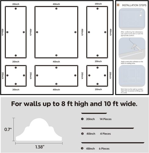 24PC STICKGOO PRE-CUT WALL MOLDING ASSEMBLE WAINSCOTING PANELS FOR INTERIOR WALL DÉCOR - 20" X 40" X 48" - WHITE image 2