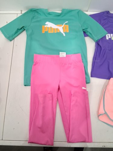 4 PUMA girl's CLOTHES - 1 LONG SLEEVE, 1 SHIRT, 1 SHORTS, 1 LONG PANTS - MEDIUM (7/8) - GREEN/PURPLE/PINK image 3