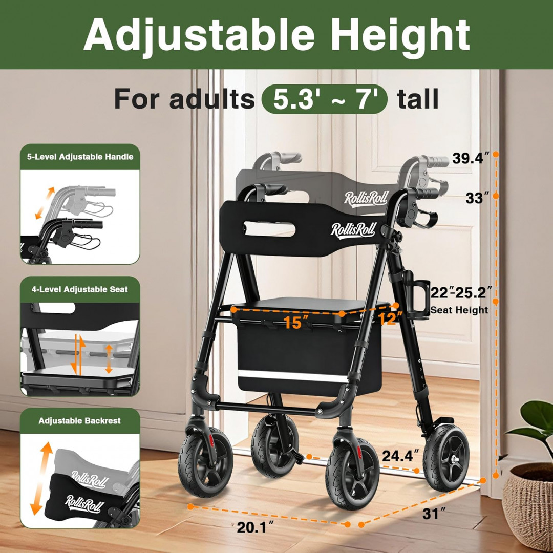Rollisroll Foldable Rollator Walker for Seniors with Seat and all terrain rubber wheels - 350LB MAX - 39.5" - black (model: A42031W8) image 2