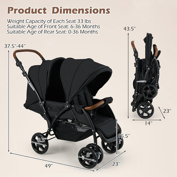 infans foldable baby tandem stroller with adjustable canopy & backrest - blue/black (model: bc10261dk) image 2