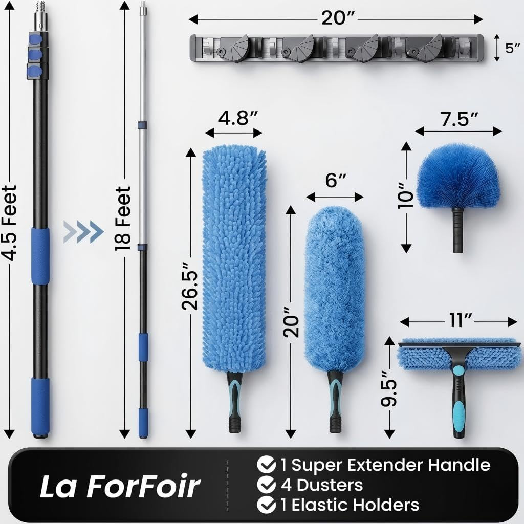 7PC multi-purpose duster & window squegee kit with adjustable heavy duty extension pole - extends: 5ft - 18ft (25ft full length) - blue image 2
