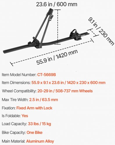 Roof Bike Rack - 33LBS 1 Bike CAP - Black (Model: CT-5669B) image 2