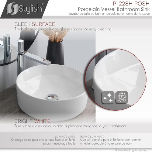 Stylish Porcelain Round over the counter Vessel Bathroom Sink with center drain - 16” - 5.5” depth - white porcelain (model: p-228h posh) image 3