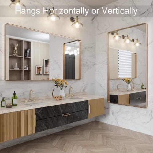 LOAAO Rounded Rectangle Wall-Mounted Bathroom Mirror - 55" X 30" - Brushed Gold Frame image 2