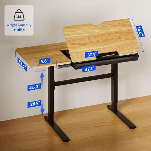 Flexispot electric standing draft table desk with adjustable tilt and storage drawer - 47" x 24" - natural wood w/black legs - (model: ed1b-v2) image 3