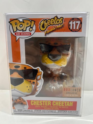 Funko pop! **glows in the dark**box lunch exclusive** ad icons: cheetos flamin’ hot - Chester cheetah vinyl figure (#117) **plastic protector cover** image 3