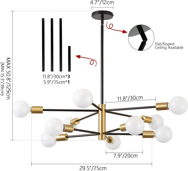10-light KAISITE Modern Adjustable Mid Century Pendant Light Sputnik Chandelier - 30" round - black / gold (model: 8006-10p / kst-us-8006-10c-ch) image 2