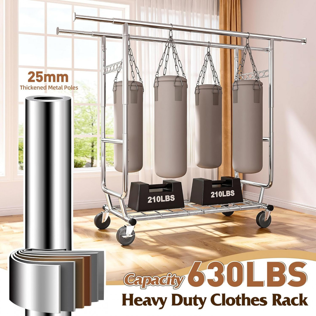 raybee Heavy Duty adjustable Rolling Clothing Rack with wheels - 75" x 22" x 58"-68" - chrome (model: HN-GR-DR-01) image 3