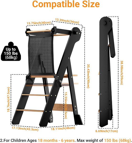 Cosyland Foldable Toddler Kitchen Stool Standing Tower with Safety Net - 17.13" x 35.4" - Black/Natural (model: CS000124-6-CA) image 2