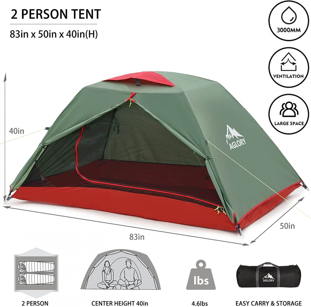 AGLORY 2 PERSON CAMPING TENT -  WATERPROOF/WINDPROOF - BACKPACK SIZED WITH CARRYING BAG - 83"x50"x40"-  GREEN/RED image 2