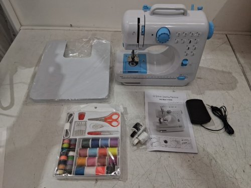 MINI ELECTRIC PORTABLE SEWING MACHINE WITH 12 STITCHES, LED LIGHT, ACCESSORIES & TABLE EXTENSION - WHITE/BLUE (MODEL: SM-505) image 3