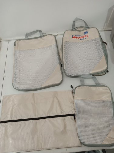 4pc Compression Packing Mesh Travel Bags with Senior Discovery Tours logo - Beige/White image 4