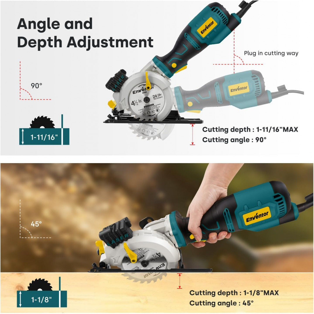 enventor mini corded 4-1/2" circular saw with precise laser guide & 6 assorted 115mm blades - 5.8A, 3500RPM - blue (model: 76604L) image 5
