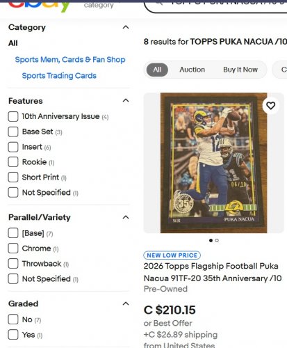 PUKA NACUA LTD #10/10 - TOPPS FLAGSHIP 35TH ANNIVERSARY FOOTBALL CARD (91TF-20) image 2