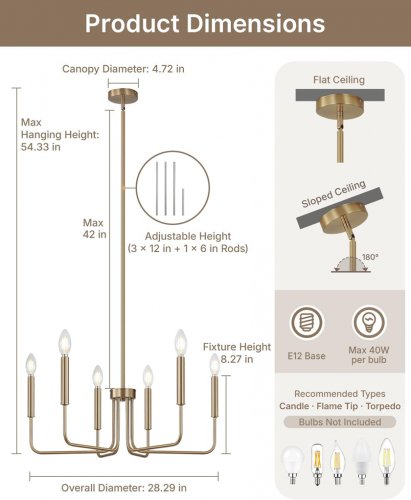 yunnix 6-light Modern Pendant Hanging Light chandelier - 28.89" x 54.3" - Champagne Bronze (model: DJ9028) image 2
