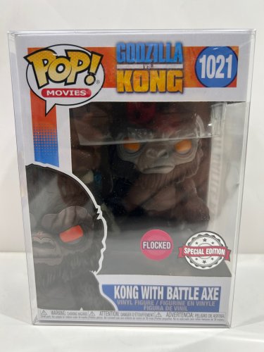 Funko pop! **flocked**special edition** movies: Godzilla vs. Kong - kong with battle axe vinyl figure (#1021) **plastic protector cover** image 2