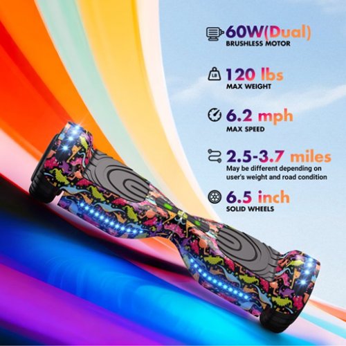HOVERSTAR BLUETOOTH Self-Balancing HOVER BOARD Scooter with Wireless Speaker & Led Wheels - 6.5" WHEELS - 120LBS CAP - 14KPH MAX SPEED - BABY DINOSAUR (MODEL: LBW12A) image 2