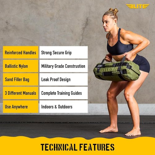 Elite Sports Workout Sandbag with Strategic Handle Placement *Unfilled* - 50-75LB - GREEN/BLACK image 2