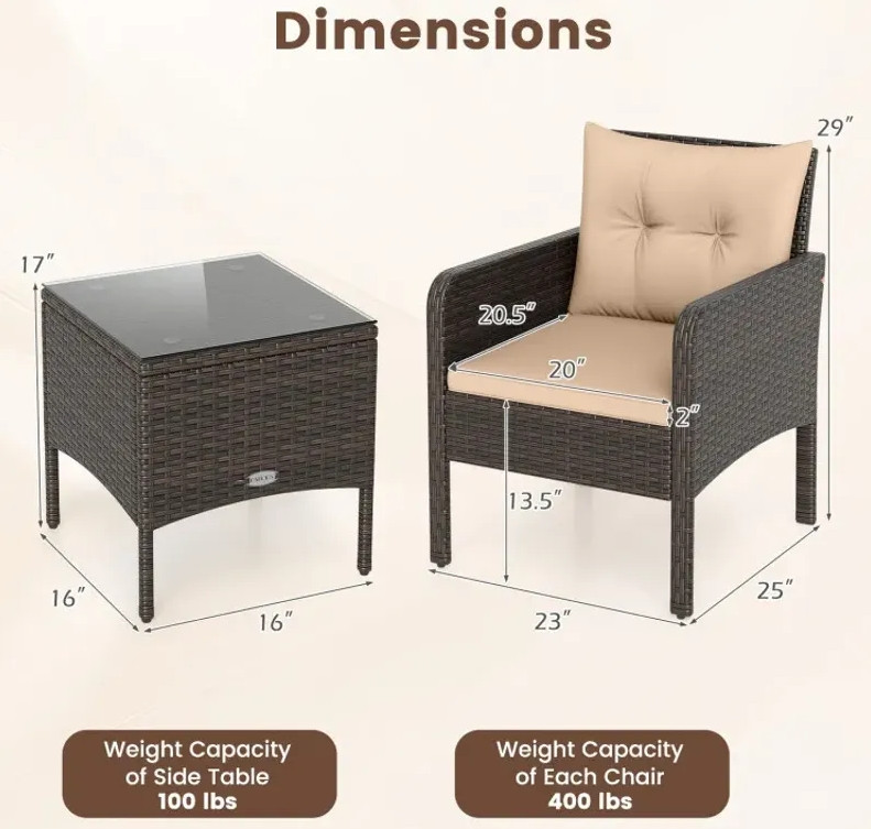 3pc costway outdoor patio rattan furniture set - 2 chairs & glass top coffee table - brown w/ beige cushions - (model: hw75125bn) image 2